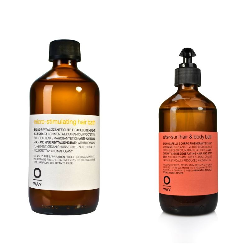 左から/伸江さんがヘアロス対策に週1回使っているシャンプー。ORGANIC WAY マイクロスティミレイティング ヘアバス240㎖¥3,400 髪もボディもふわふわとした泡で包み込むように洗える。ORGANIC WAY アフターサンヘア&ボディバス240㎖¥3,400