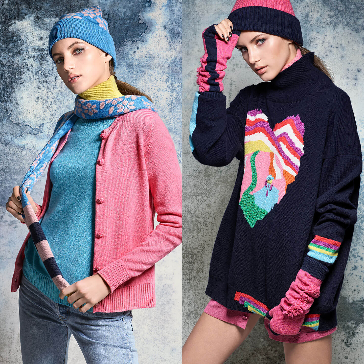 目に楽しい色、デザインのカシミヤ製品が並ぶ。カシミヤニット¥82,000~、カシミヤストール¥94,000~、カシミヤグローブ¥42,000~(全て税抜)