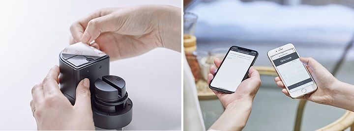 強力な両面テープでサムターンロックの上にかぶせる形で設置。「スマホ合い鍵」は誰が使ったか履歴がわかるのも◎