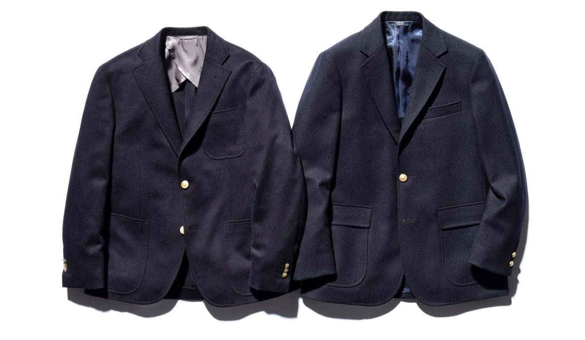 左/ブレザー¥00,000〜※パターンオーダー価格・右/ブレザー¥63,000(ダイドーフォワード〈ニューヨーカー〉)※左は今回のパターンオーダーで作った日本ファブリックメーカー「ICHITEKI」のキャメルヘアーを100%使用したブレザー。右はオーダーサンプル。