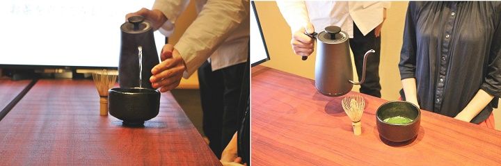 茶碗に抹茶とお湯を入れます。感覚的な中にも実は適切な量や温度があります。