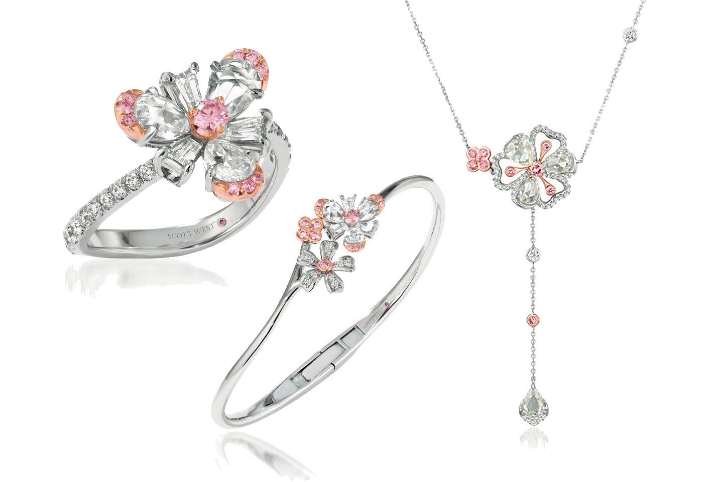 銀座三越限定の「サクラコレクション」左のリング¥2,500,000・中のバングル¥5,200,000・右のペンダント¥5,000,000(銀座三越〈スコットウエスト〉)