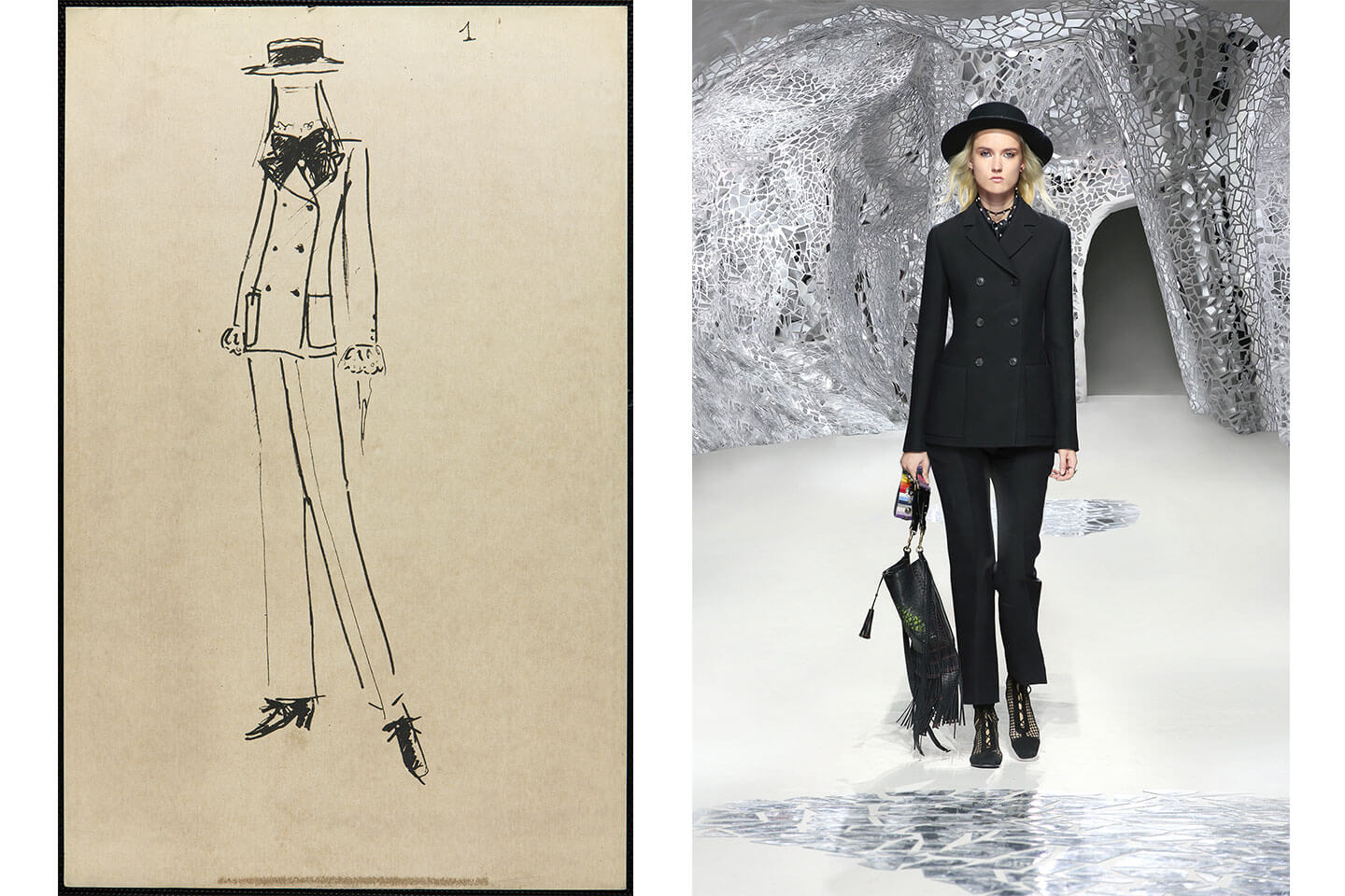 左/マルク・ボアン時代のディオール。ニキ・ド・サンファルのためのスペシャルなクリエイションのクロッキー。© Dior 右/現在のマリア・グラツィア・キウリによるディオール。2018年春夏コレクションのパンツスーツのルック。© Dior