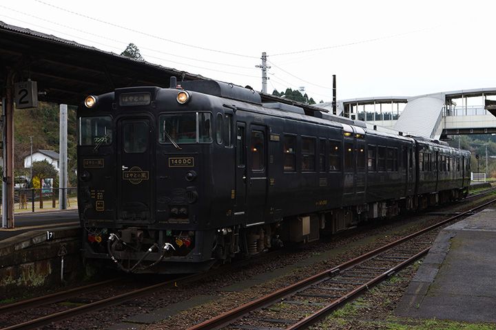 「特急 はやとの風」の外装。スタイリッシュでシックな車体が印象的