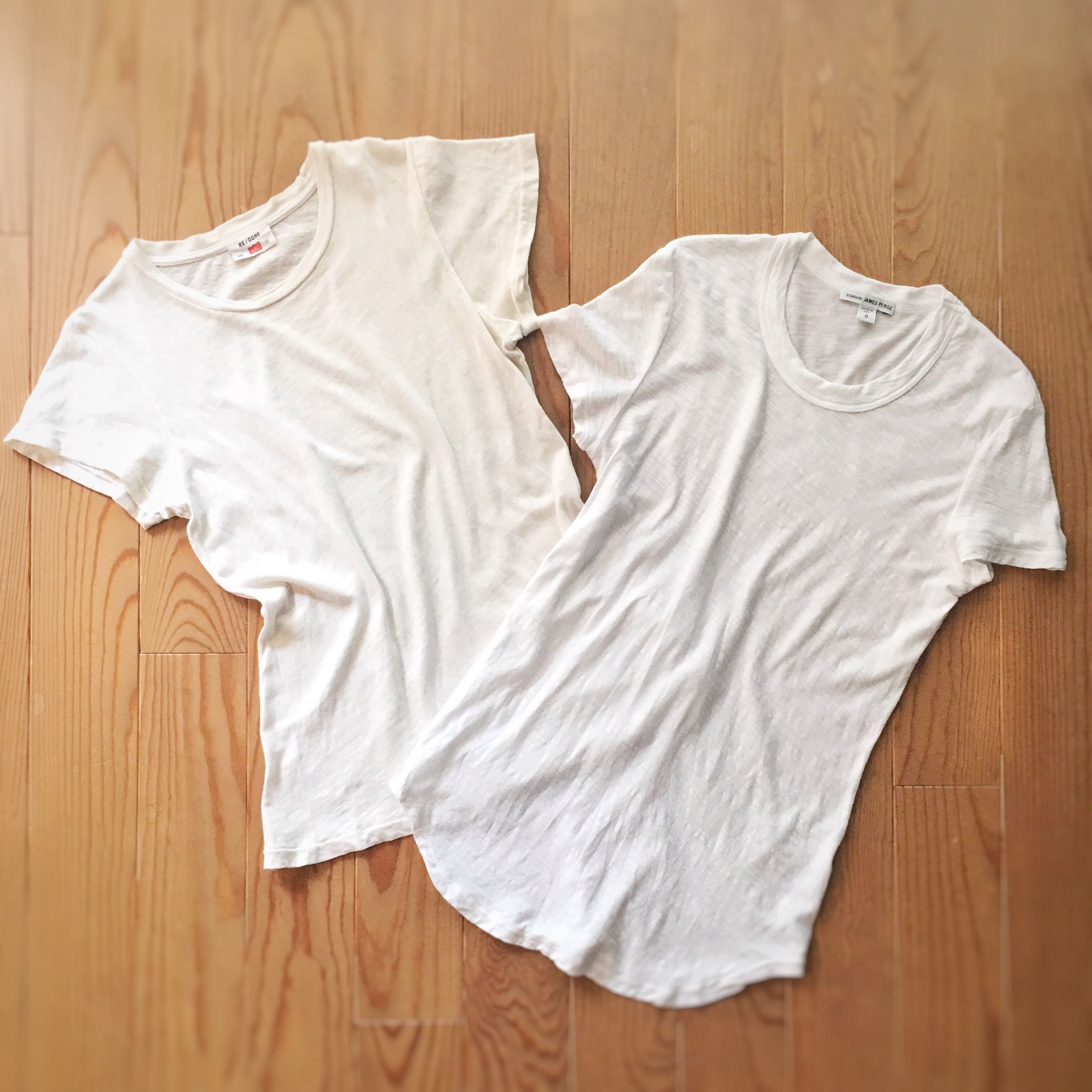 Tシャツ(左)RE/DONE Hanes ヴィンテージのヘインズをリメイクしたTシャツは、こなれた風合いが魅力。(右)/ジェームス パース Precious8月号「Tシャツ大研究」企画にも登場