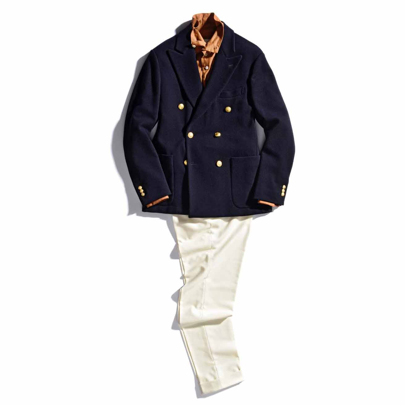 ジャケット¥58,000〈トゥモローランド〉・シャツ¥28,000〈バグッタ〉・パンツ¥27,000〈トゥモローランド ピルグリム〉(すべてトゥモローランド)