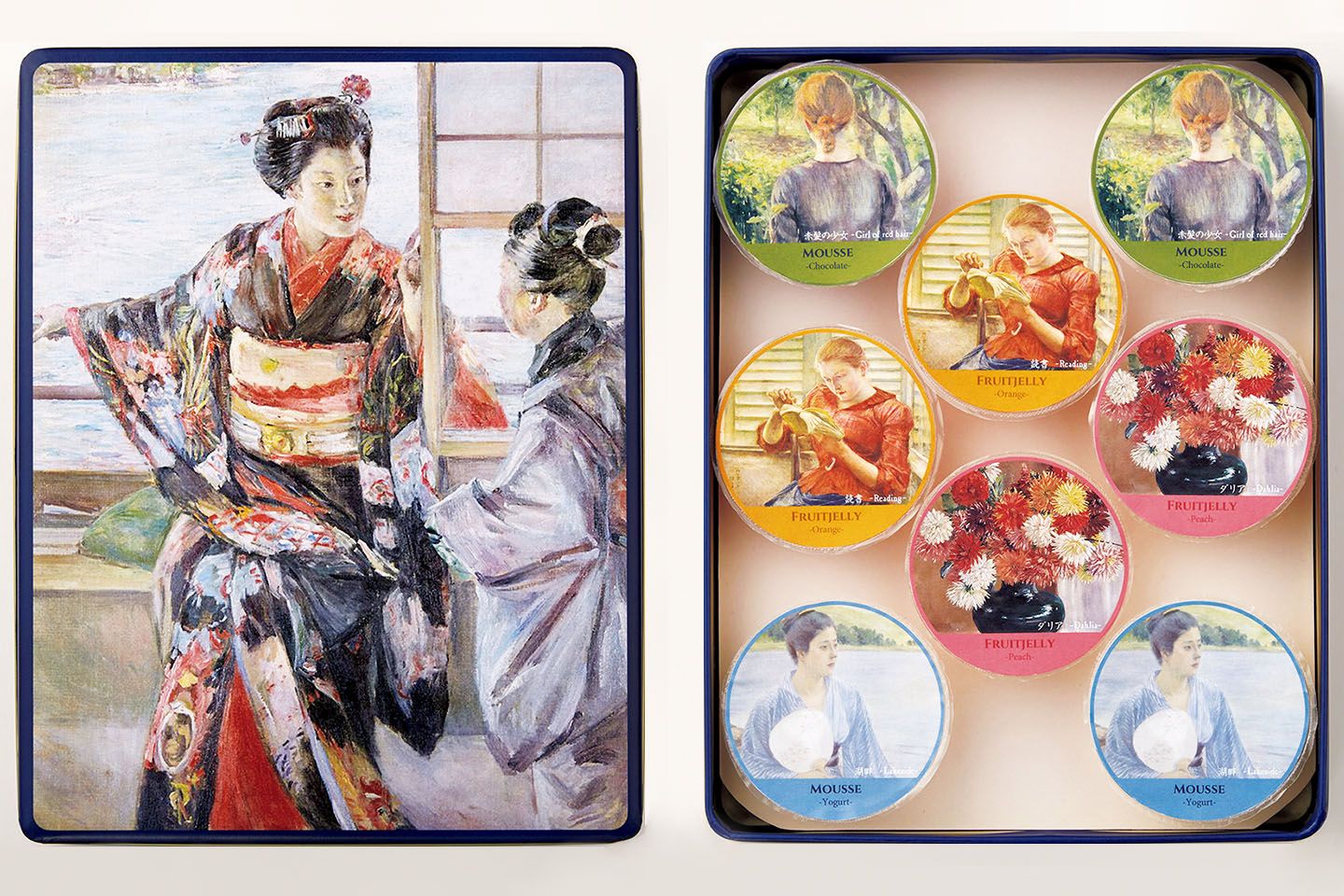 東京国立博物館 限定ギフト「ロイスダール」の 舞妓 デザートギフト【内訳:フルーツゼリー(オレンジ・ピーチ×各2)、ソースインデザート(ヨーグルト・ショコラ×各2)/缶入】¥3,000(税抜)※限定4,000点