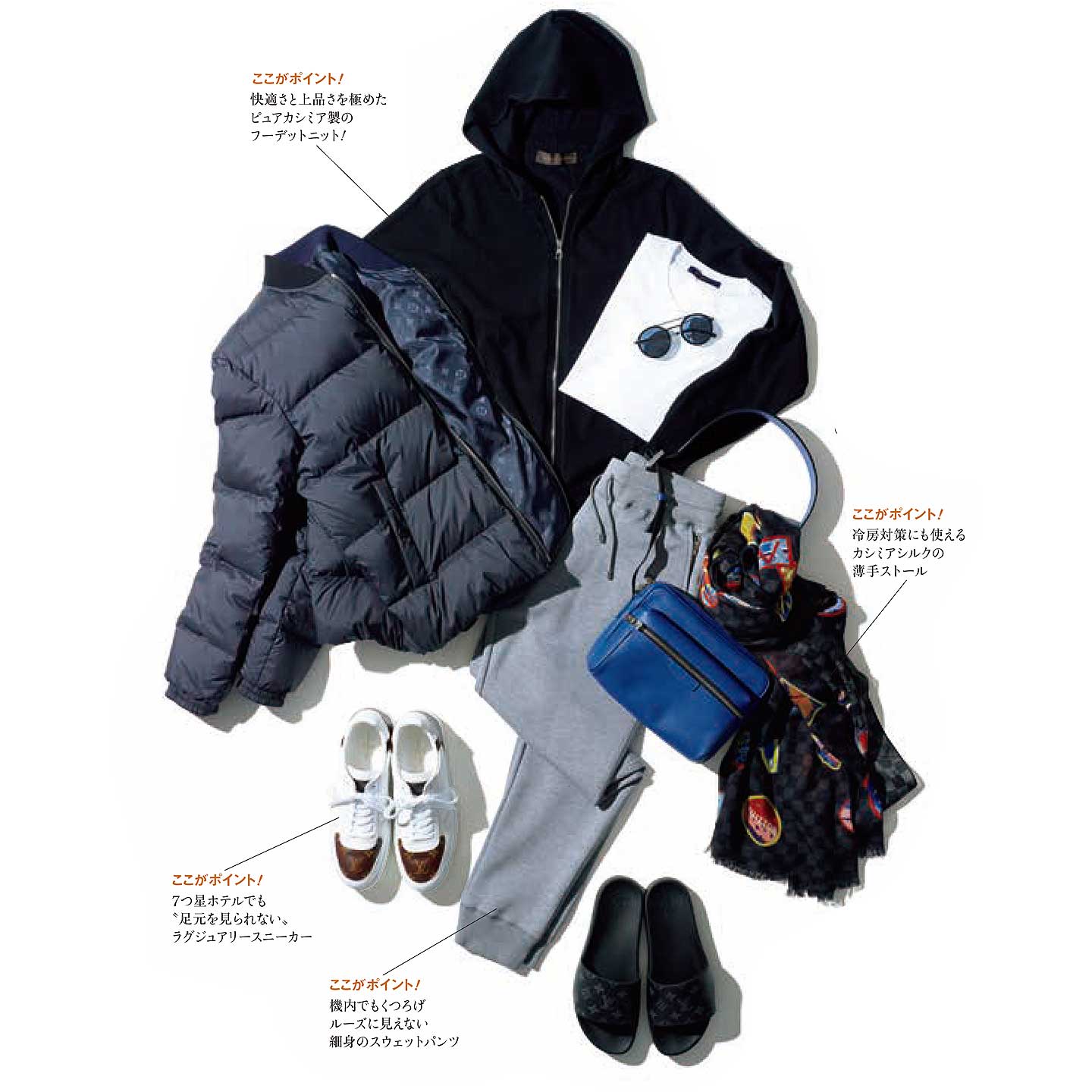 ダウンジャケット¥388,000・パーカ¥194,000・パンツ¥113,000・Tシャツ¥43,000・スニーカー¥92,000・サンダル¥63,000・ストール¥92,000・サングラス¥66,000・バッグ¥205,000(ルイ・ヴィトン)